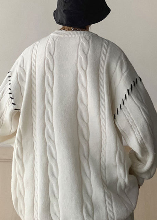 White Print Cozy Cotton Knit Winter Sweaters O Neck Qf032