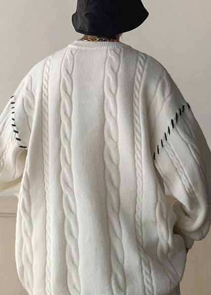 White Print Cozy Cotton Knit Winter Sweaters O Neck Qf032