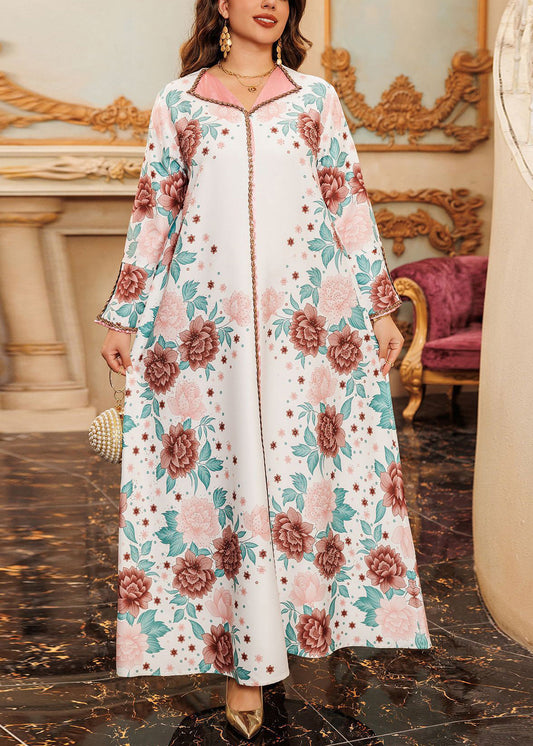 White Side Open Patchwork Fall Long Dress Print Ql012