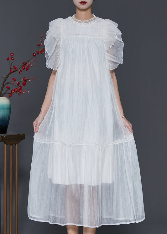 White Silk Long Dress Ruffled Nail Bead Petal Sleeve Sd1068