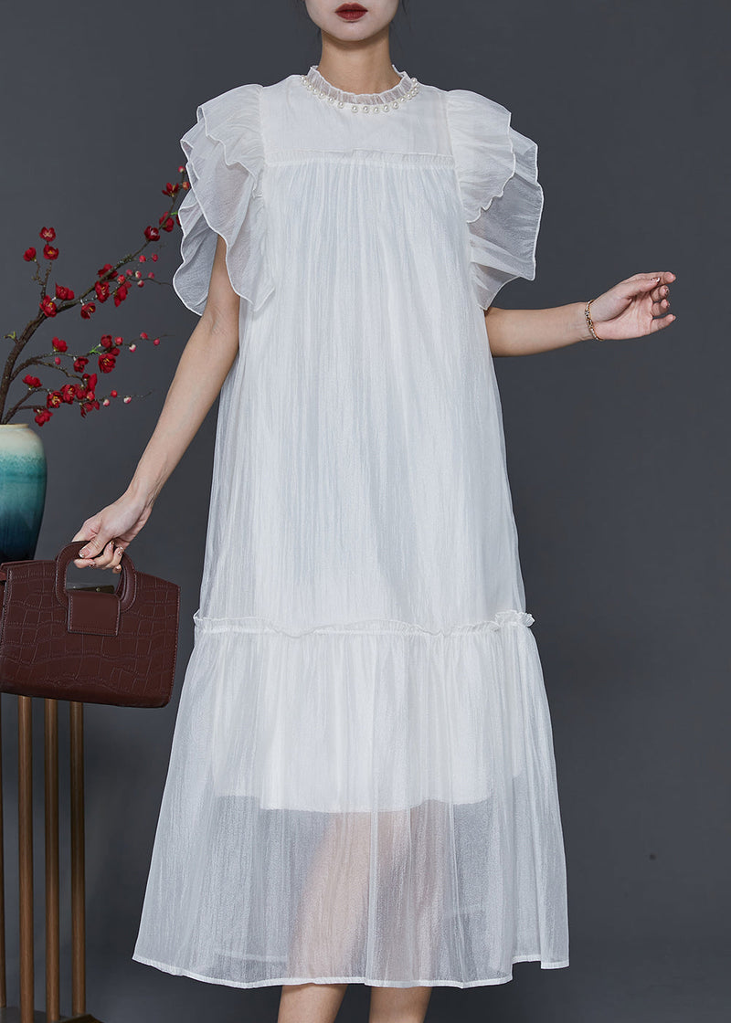 White Silk Long Dress Ruffled Nail Bead Petal Sleeve Sd1068