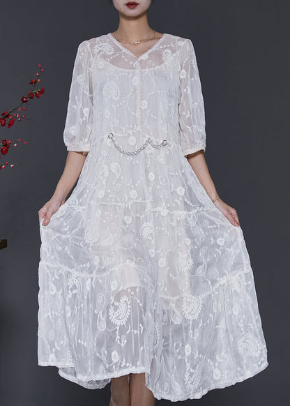 White Silk Maxi Dress V Neck Embroidered Half Sleeve Sd1073