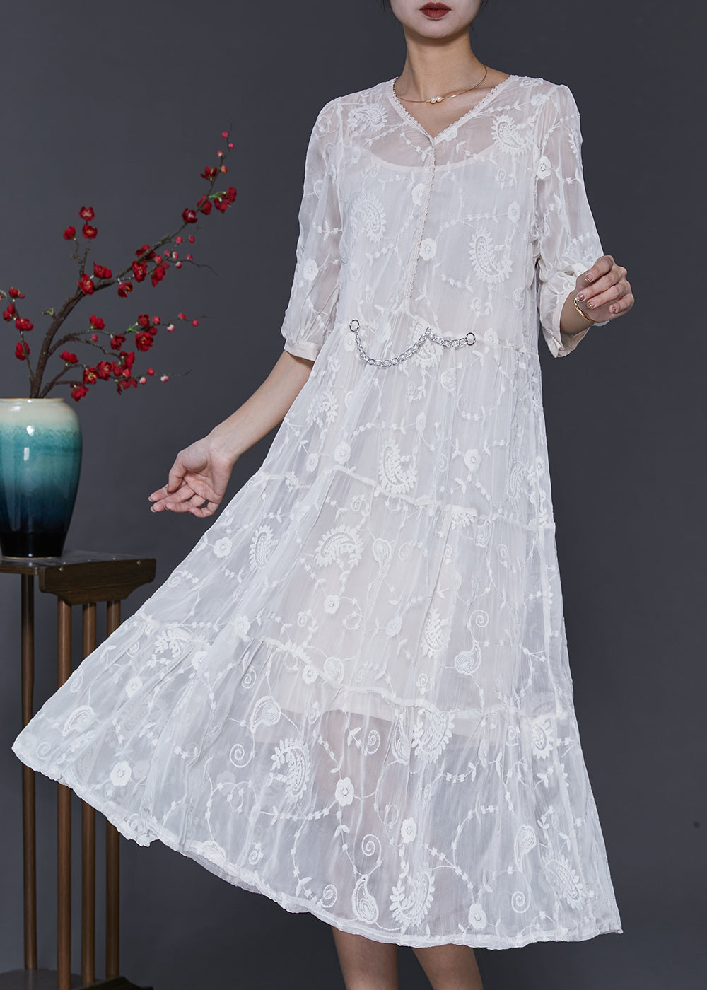 White Silk Maxi Dress V Neck Embroidered Half Sleeve Sd1073