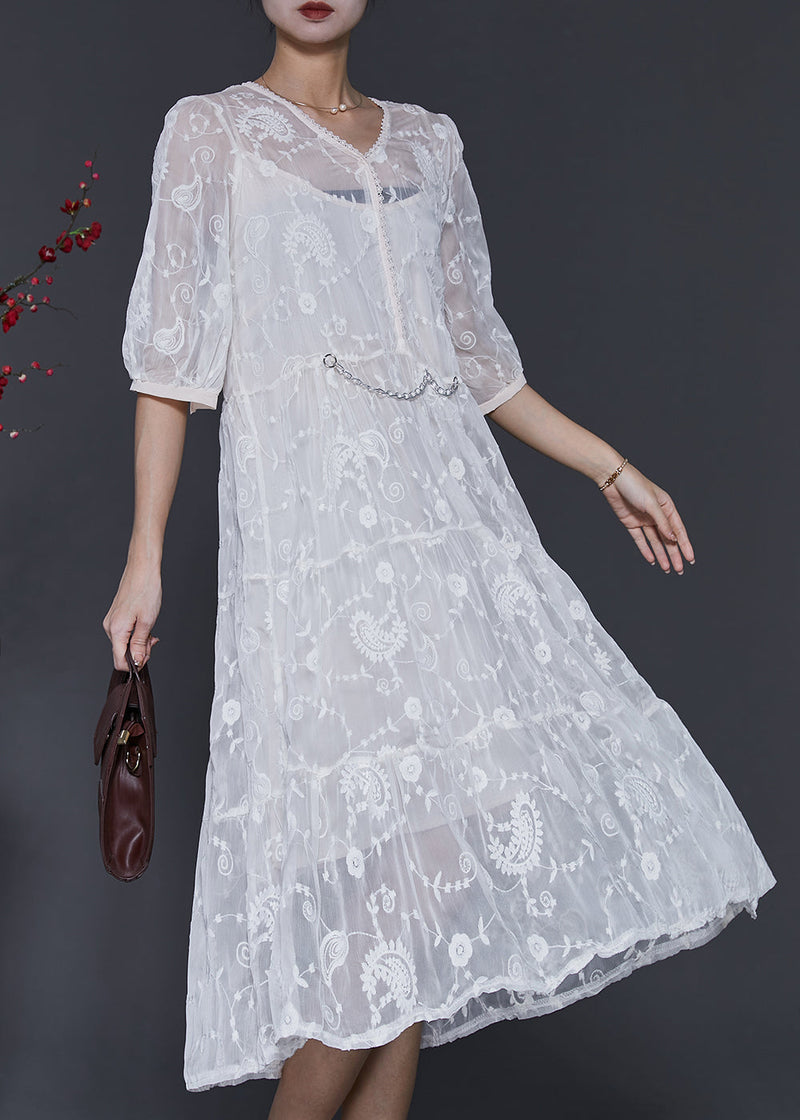 White Silk Maxi Dress V Neck Embroidered Half Sleeve Sd1073