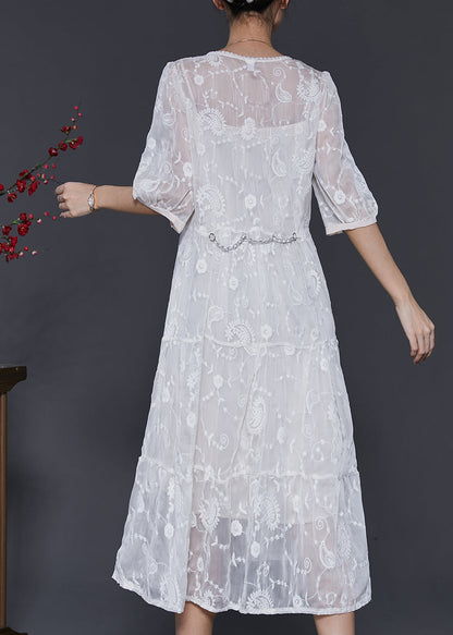 White Silk Maxi Dress V Neck Embroidered Half Sleeve Sd1073