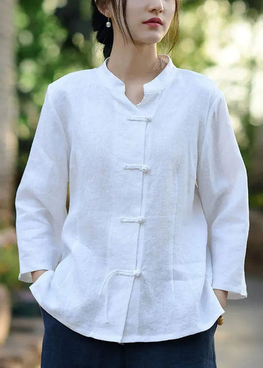 White Button Linen Coats Stand Collar Spring Cg1001