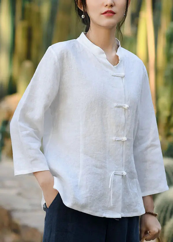 White Button Linen Coats Stand Collar Spring Cg1001
