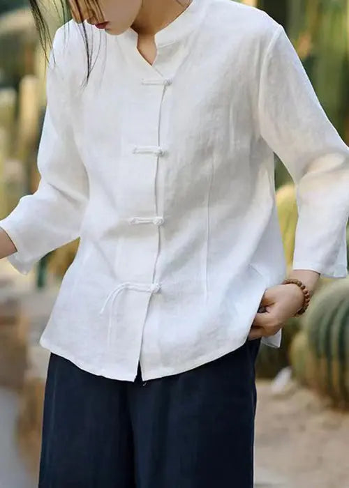 White Button Linen Coats Stand Collar Spring Cg1001