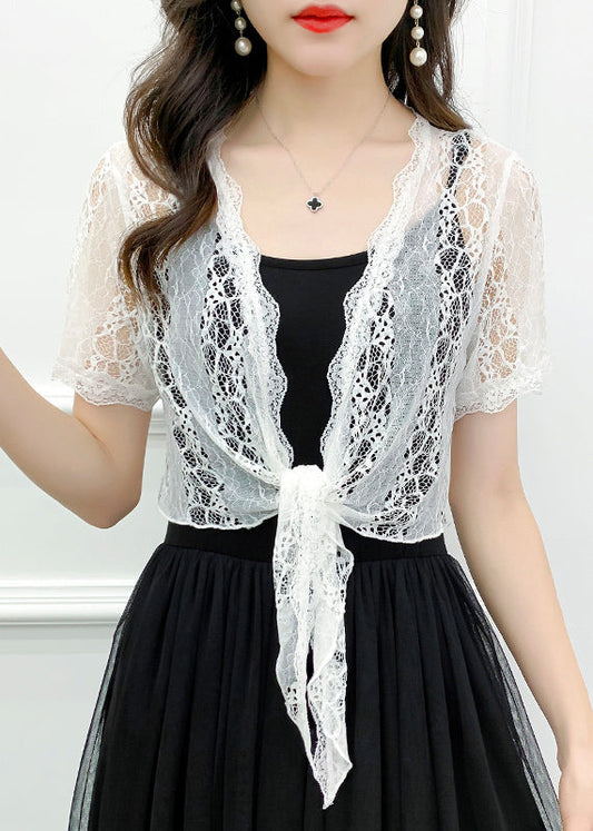 White Hollow Out Lace Cardigan V Neck Short Sleeve As1024