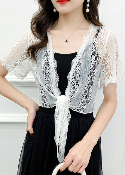 White Hollow Out Lace Cardigan V Neck Short Sleeve As1024