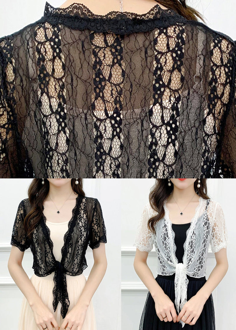 White Hollow Out Lace Cardigan V Neck Short Sleeve As1024