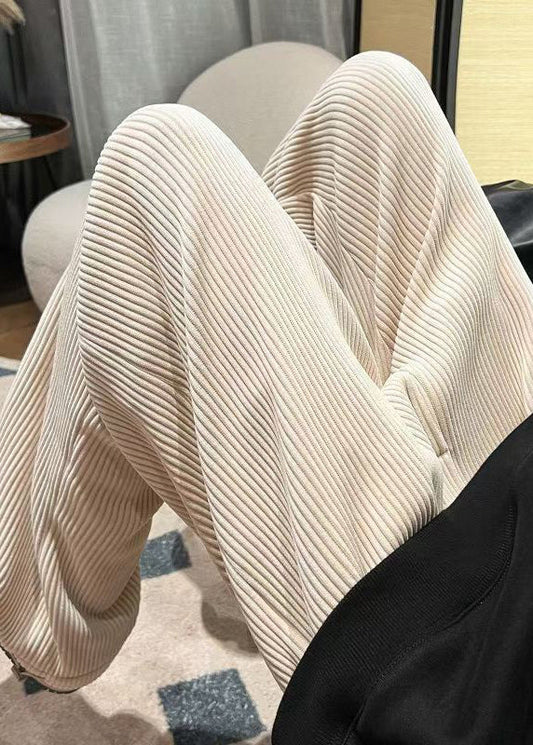 White Loose Warm Fleece Corduroy Pants Elastic Waist Spring Rm045