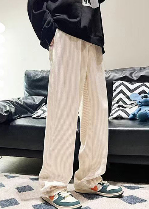 White Loose Warm Fleece Corduroy Pants Elastic Waist Spring Rm045
