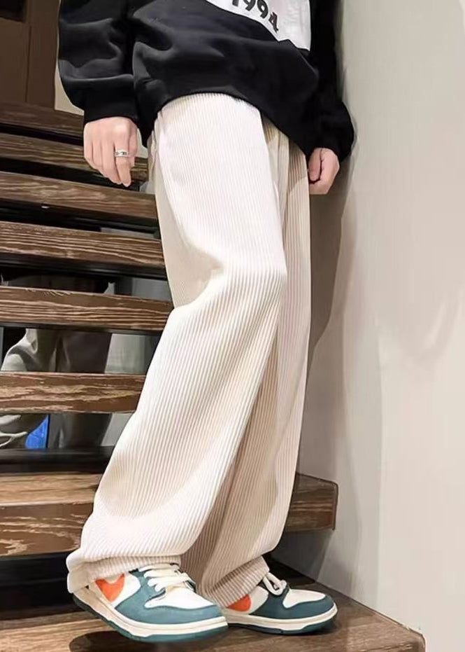 White Loose Warm Fleece Corduroy Pants Elastic Waist Spring Rm045