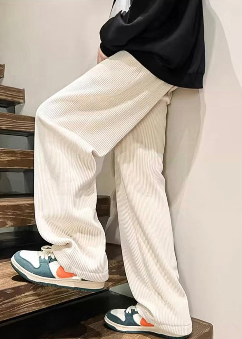White Loose Warm Fleece Corduroy Pants Elastic Waist Spring Rm045