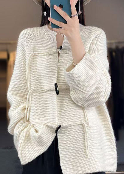 White Woolen Knit Coat O-neck Long Sleeve Ab1029