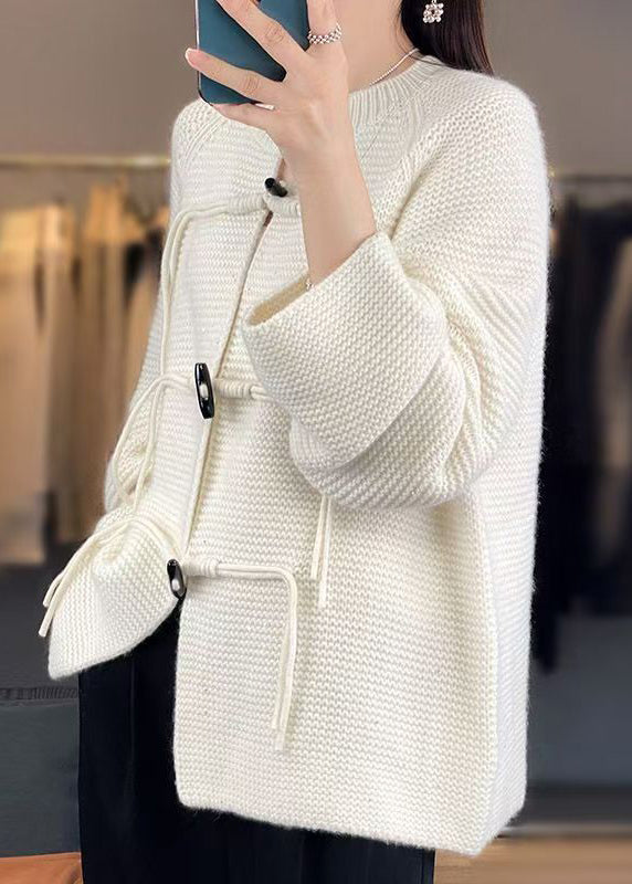 White Woolen Knit Coat O-neck Long Sleeve Ab1029