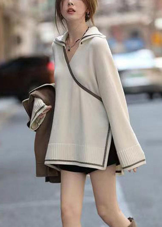 White Thick Knit Sweater Tops Sailor Collar Oversized Spring Tg1031