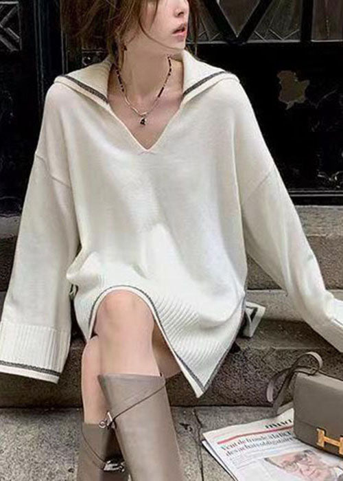 White Thick Knit Sweater Tops Sailor Collar Oversized Spring Tg1031