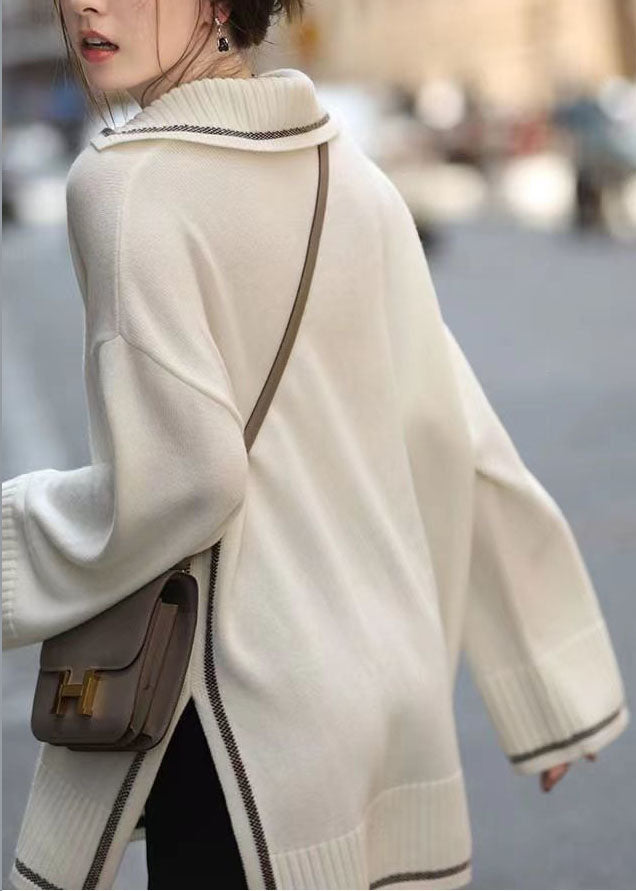 White Thick Knit Sweater Tops Sailor Collar Oversized Spring Tg1031