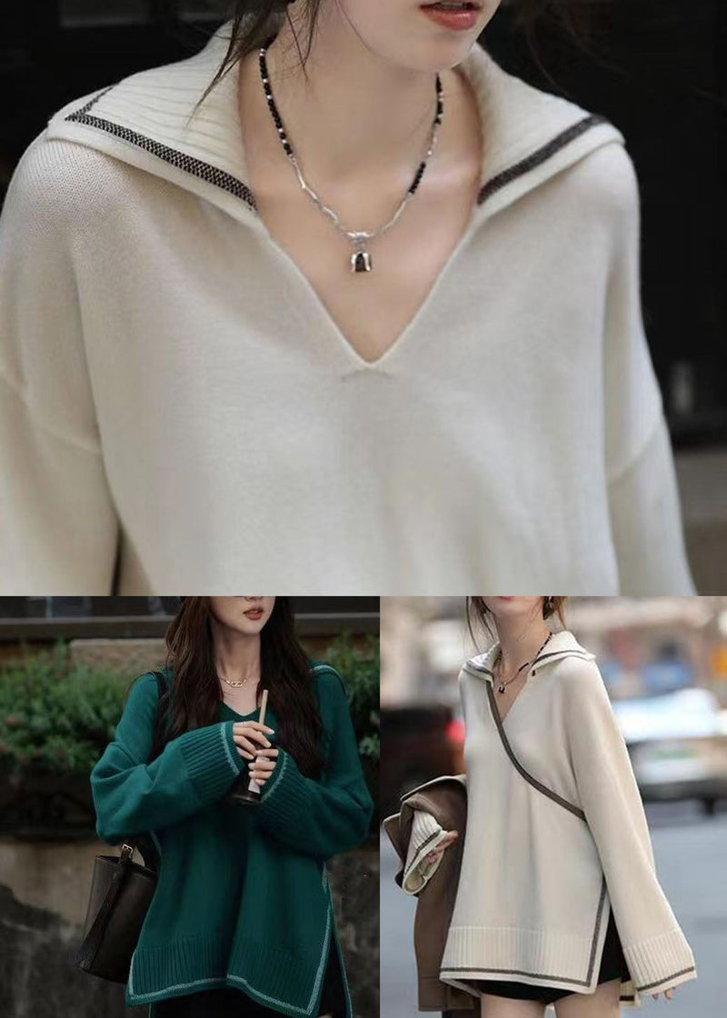 White Thick Knit Sweater Tops Sailor Collar Oversized Spring Tg1031