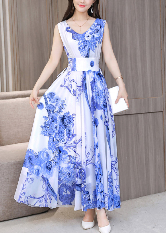 White Tie Waist Slim Chiffon Maxi Dress Sleeveless Ly1740
