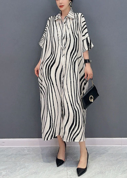 White Zebra Pattern Maxi Dress Oversized Turn-down Collar Summer Ly1589