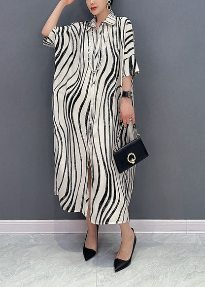 White Zebra Pattern Maxi Dress Oversized Turn-down Collar Summer Ly1589