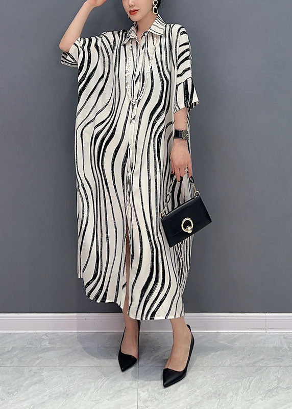 White Zebra Pattern Maxi Dress Oversized Turn-down Collar Summer Ly1589