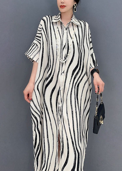 White Zebra Pattern Maxi Dress Oversized Turn-down Collar Summer Ly1589