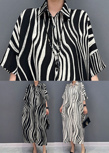 White Zebra Pattern Maxi Dress Oversized Turn-down Collar Summer Ly1589