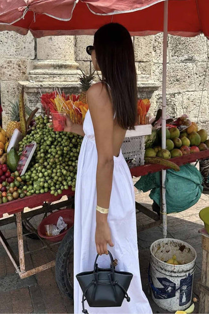White V Neck Backless Cami Midi Dress