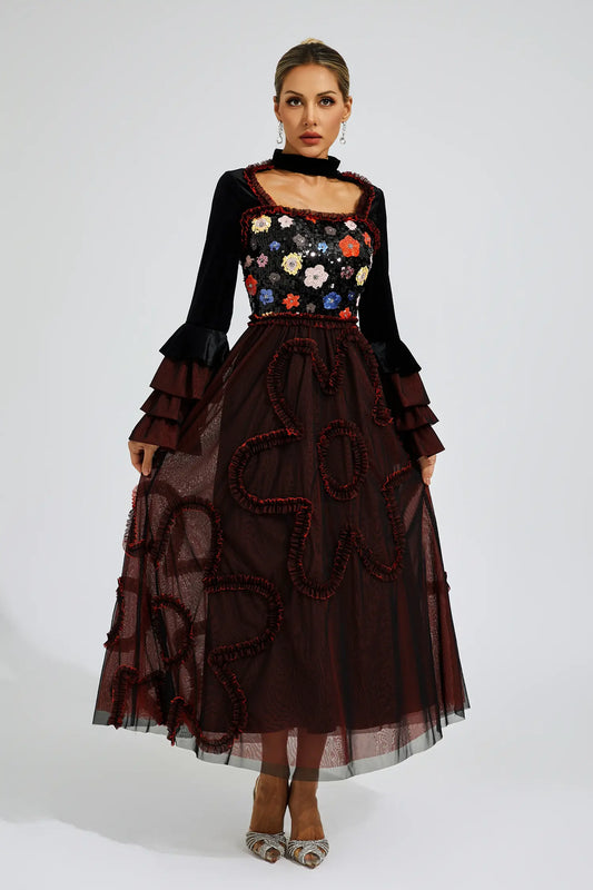 Whitehead Red Mesh Sequins Midi Dress