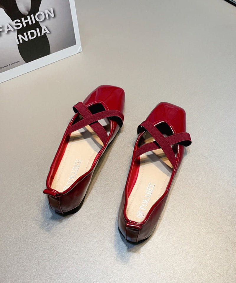 Splicing for Wine Shoes Red Flat Cross Leather Strap Faux