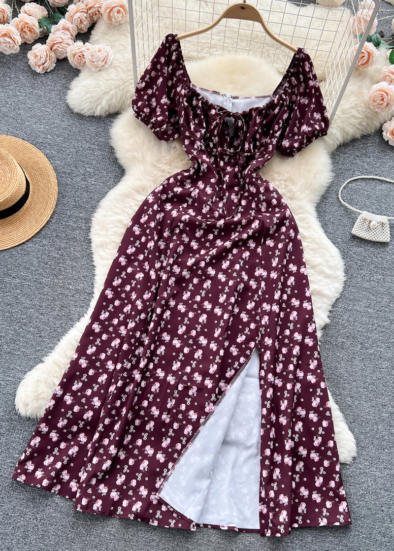 Wine Red Print Cotton Long Dresses Square Collar Short Sleeve Tr029