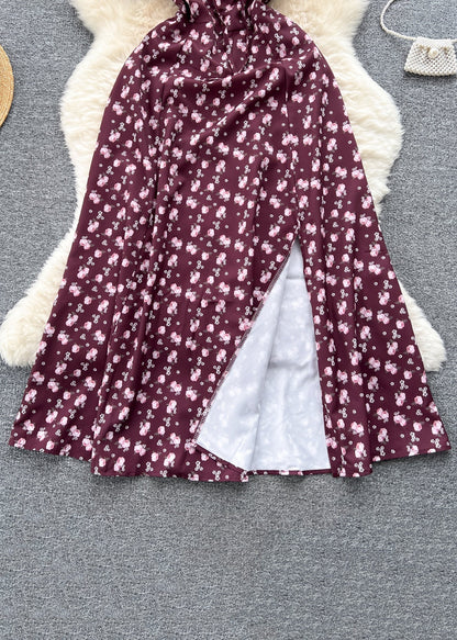 Wine Red Print Cotton Long Dresses Square Collar Short Sleeve Tr029