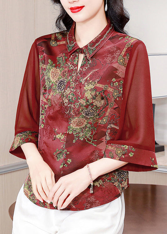 Wine Red Print Silk Blouses Peter Pan Collar Summer Op1069