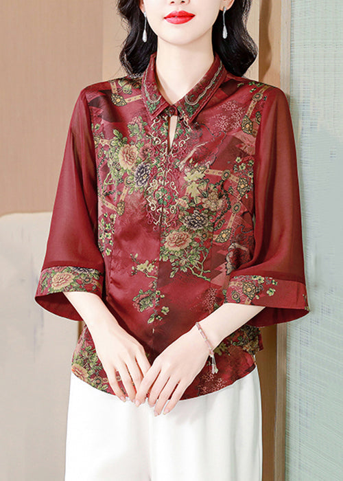 Wine Red Print Silk Blouses Peter Pan Collar Summer Op1069