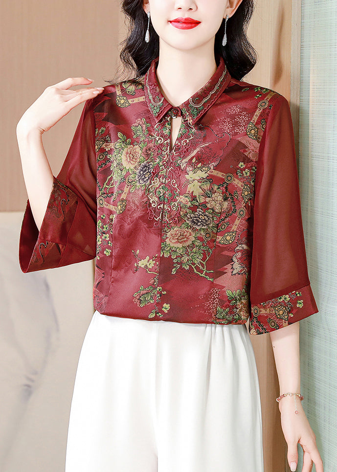 Wine Red Print Silk Blouses Peter Pan Collar Summer Op1069