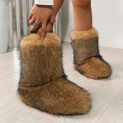 Winter Fuzzy Boots Furry Shoes Fluffy Fur Snow Boots Plush Lining Slip-on Rubber Flat Outdoor Bowtie Warm Footwear
