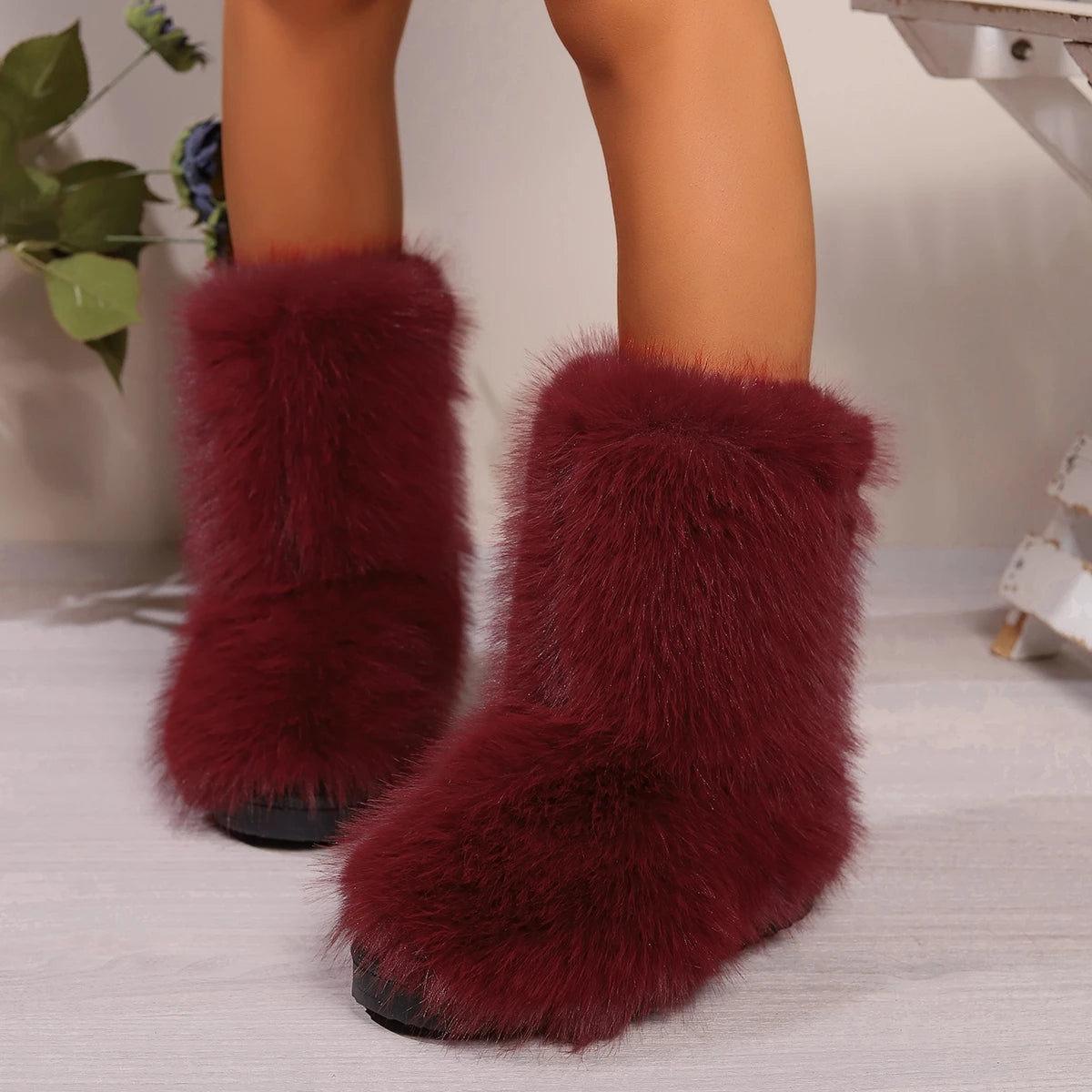 Winter Fuzzy Boots Furry Shoes Fluffy Fur Snow Boots Plush Lining Slip-on Rubber Flat Outdoor Bowtie Warm Footwear