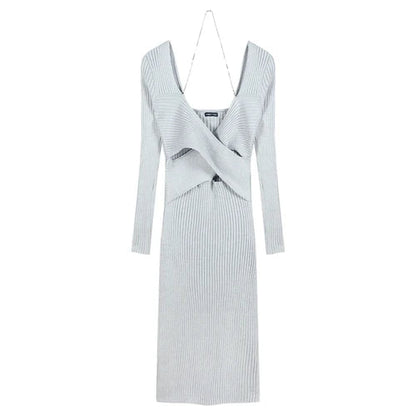V-neck Y2k Designer Knitted Maxi Dress