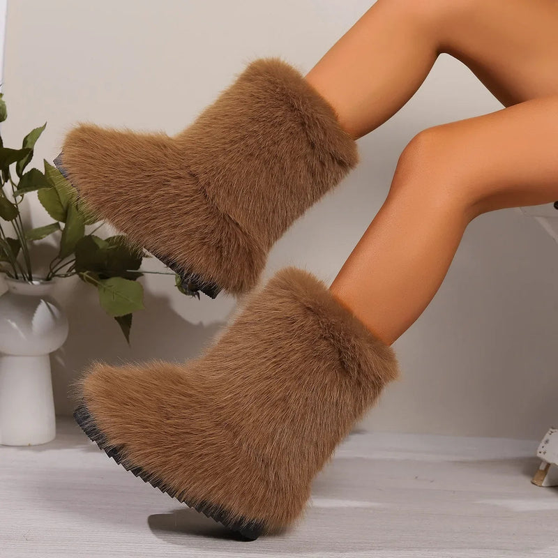 Fluffy Faux Fox Fur Plush Warm Furry Outdoor Snow Boot