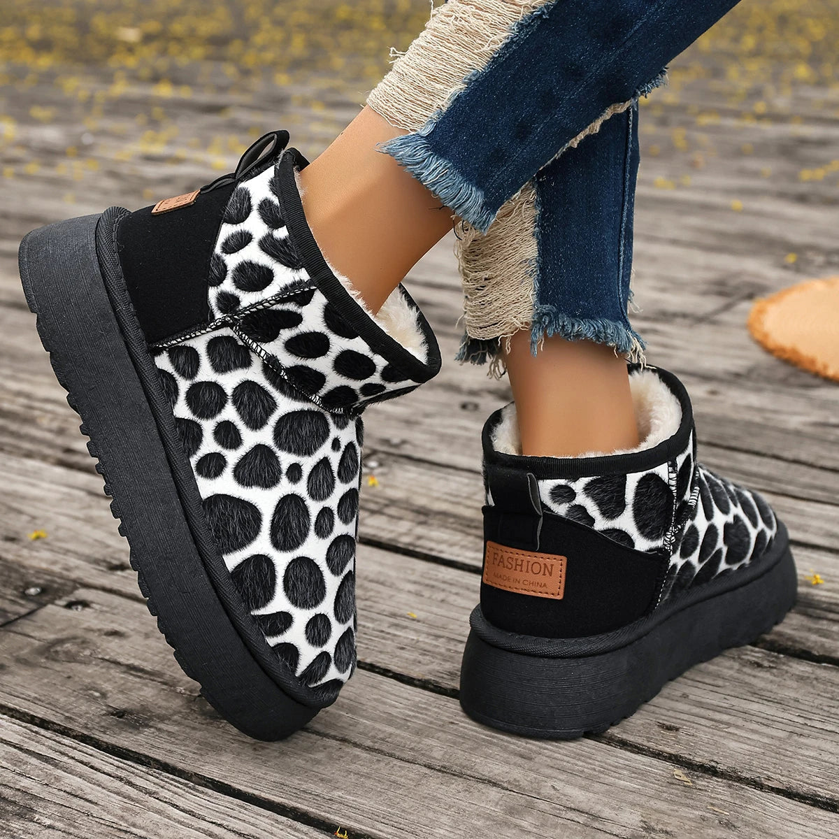 Winter Platform Boots New Leopard Shoes for Slip-on Thickened Fluff Snow Round Toe Boots