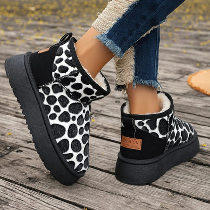 Winter Platform Boots New Leopard Shoes for Slip-on Thickened Fluff Snow Round Toe Boots