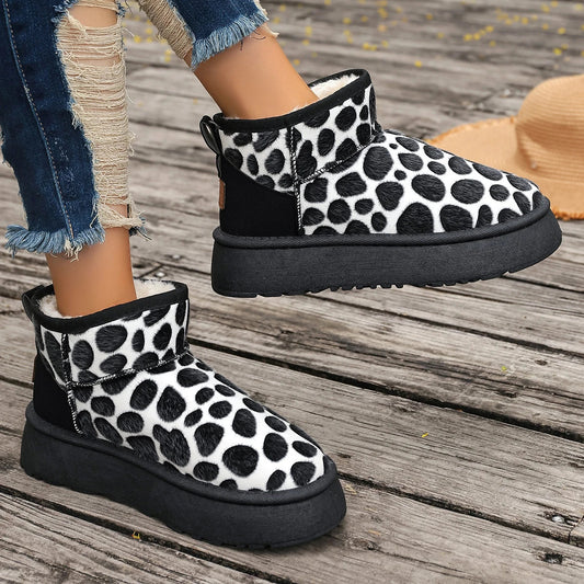 Winter Platform Boots New Leopard Shoes for Slip-on Thickened Fluff Snow Round Toe Boots