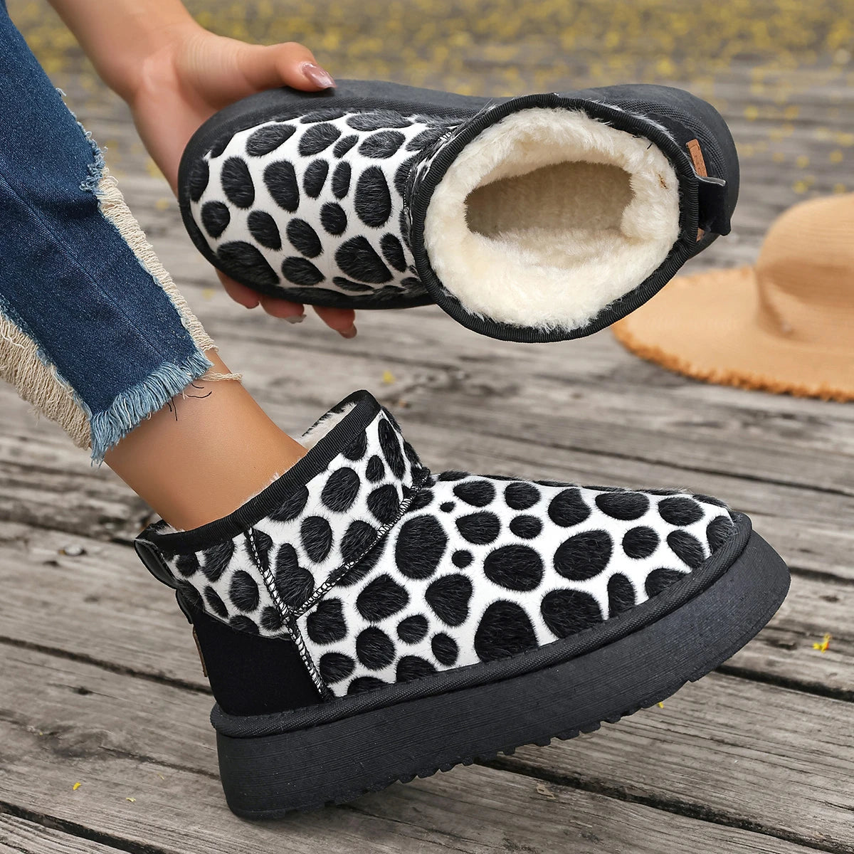 Winter Platform Boots New Leopard Shoes for Slip-on Thickened Fluff Snow Round Toe Boots