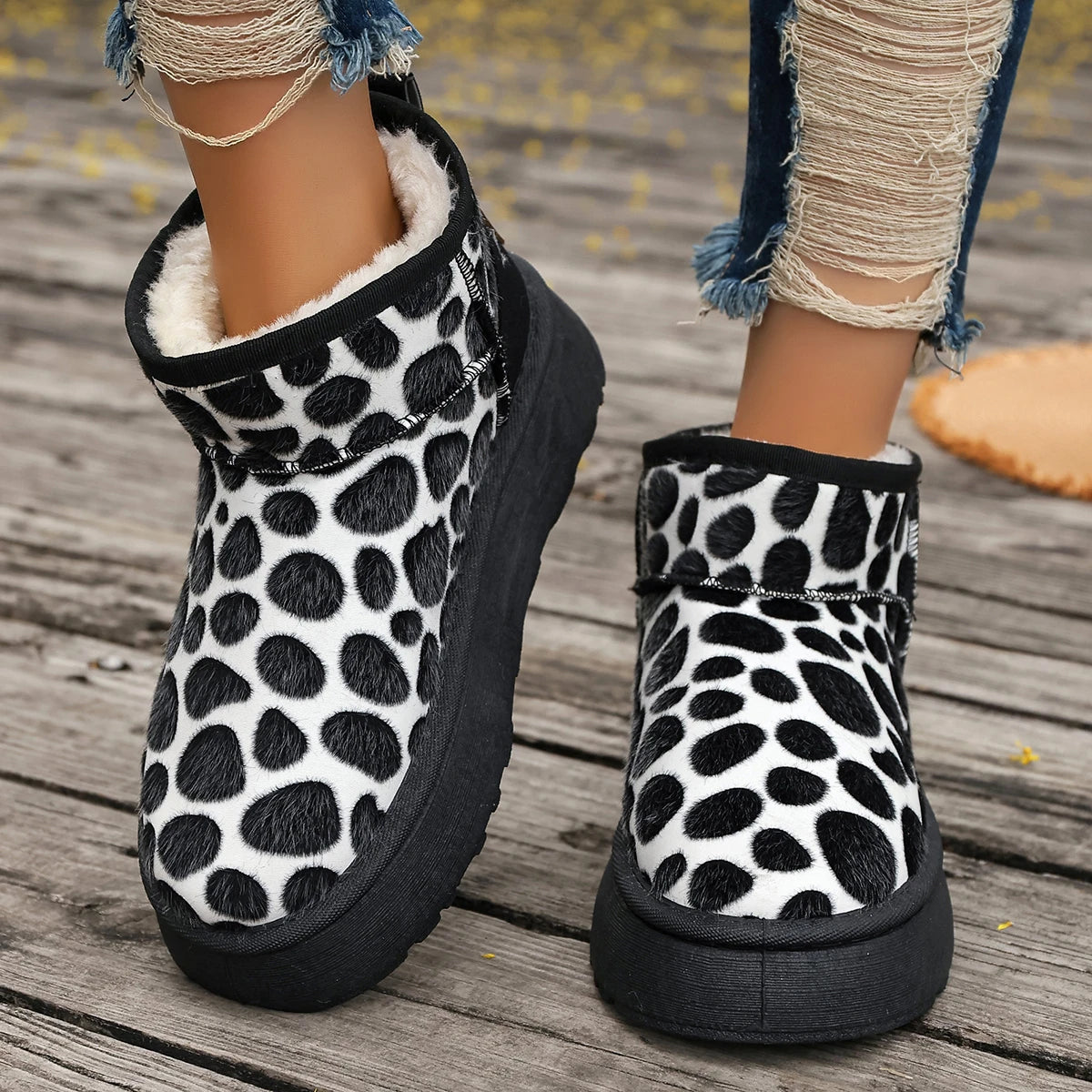 Leopard Slip-on Thickened Fluff Round Toe Snow Boot
