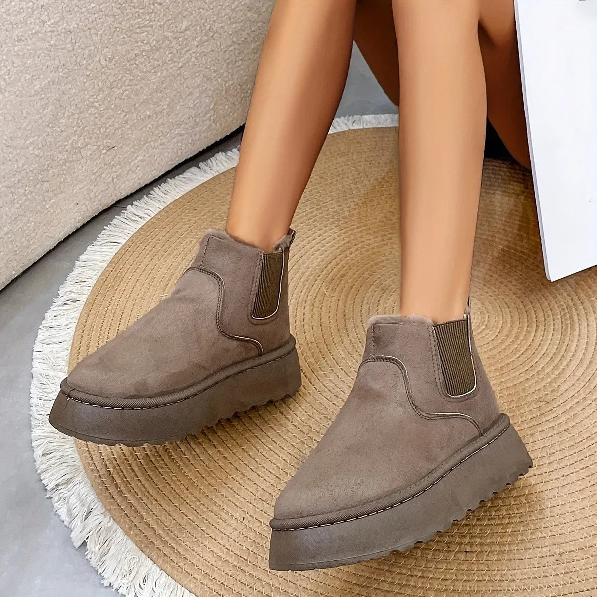 Winter Short Plush Warm Snow Boots Shoes New Suede Fur Chelsea Ankle Boots Flats Platform Shoes Botas