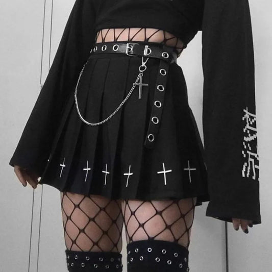 High Waist Gothic Mini Cross Pattern Mini Pleated Dark Style Skirt